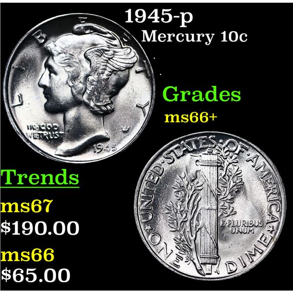 1945-p Mercury Dime 10c Grades GEM++ Unc