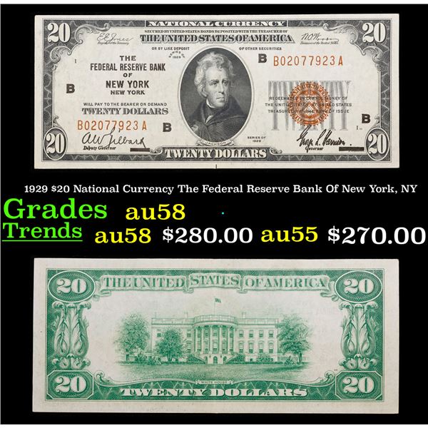 1929 $20 National Currency The Federal Reserve Bank Of New York, NY Grades Choice AU/BU Slider