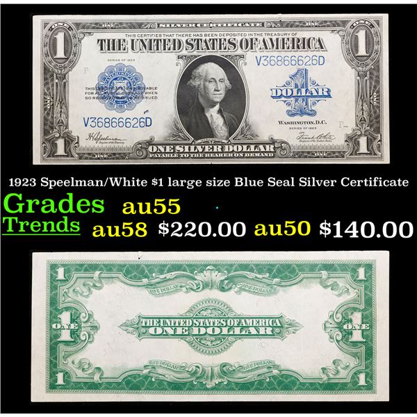 1923 $1 large size Blue Seal Silver Certificate Grades Choice AU Signatures Speelman/White