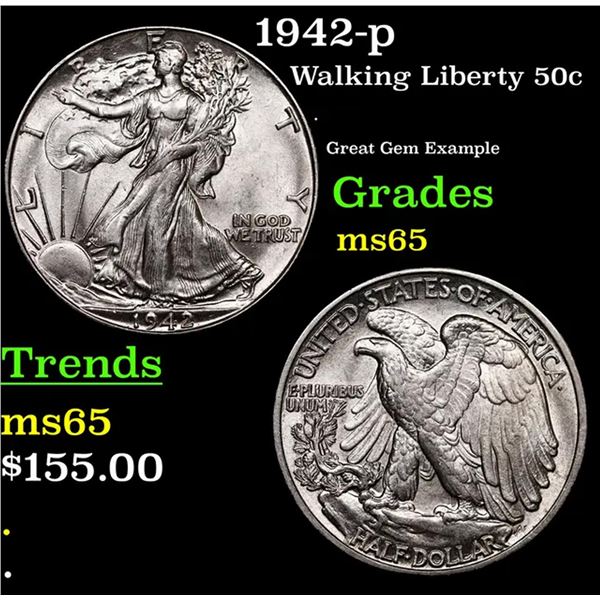 1942-p Walking Liberty Half Dollar 50c Grades GEM Unc