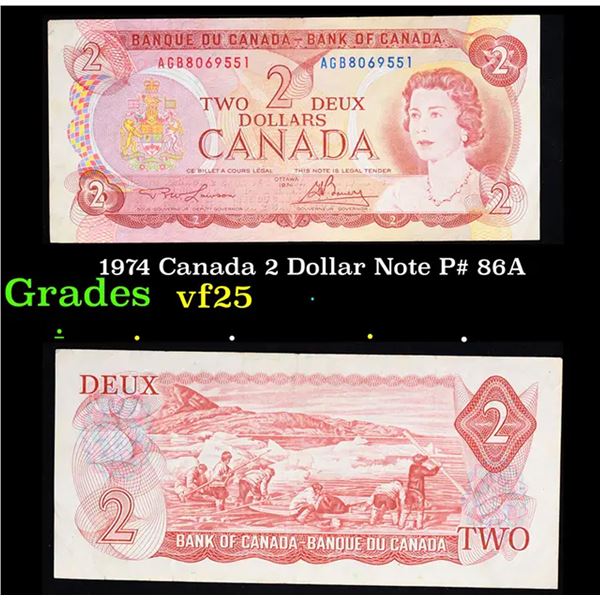 1974 Canada 2 Dollar Note P# 86A Grades vf+