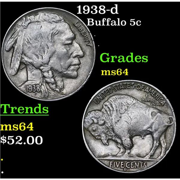 1938-d Buffalo Nickel 5c Grades Choice Unc