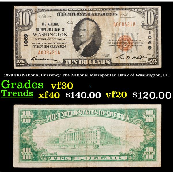 1929 $10 National Currency The National Metropolitan Bank of Washington, DC Grades vf++