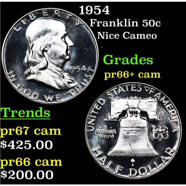 Proof 1954 Franklin Half Dollar 50c Grades GEM++ Proof Cameo