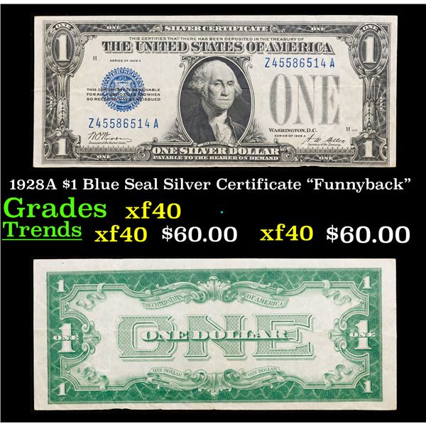 1928A "Funnyback" $1 Blue Seal Silver Certificate Grades xf