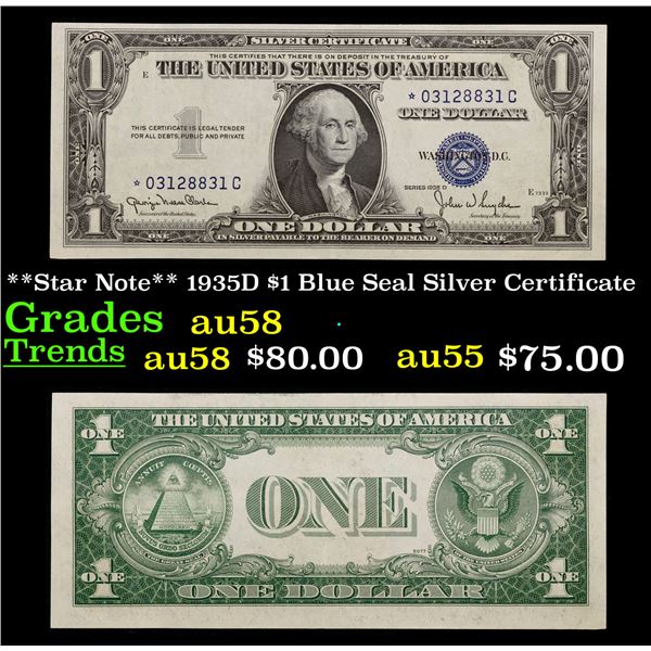 **Star Note** 1935D $1 Blue Seal Silver Certificate Grades Choice AU/BU Slider