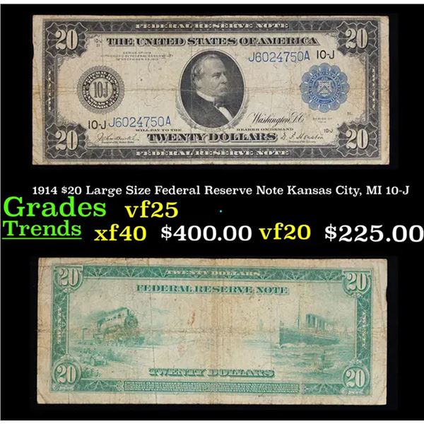 1914 $20 Large Size Federal Reserve Note Kansas City, MI 10-J Grades vf+