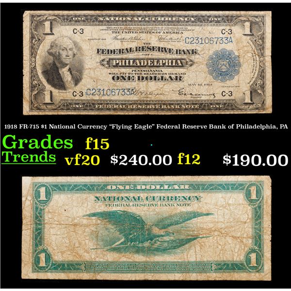 1918 "Flying Eagle" Federal Reserve Bank of Philadelphia, PA $1 National Currency Grades f+ FR-715