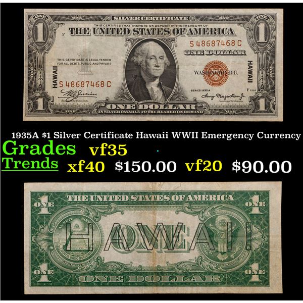 1935A $1 Silver Certificate Hawaii WWII Emergency Currency Grades vf++