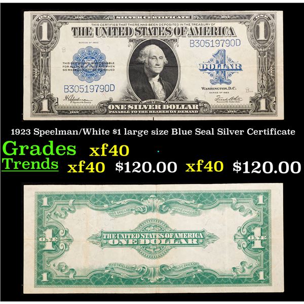 1923 $1 large size Blue Seal Silver Certificate Grades xf Signatures Speelman/White