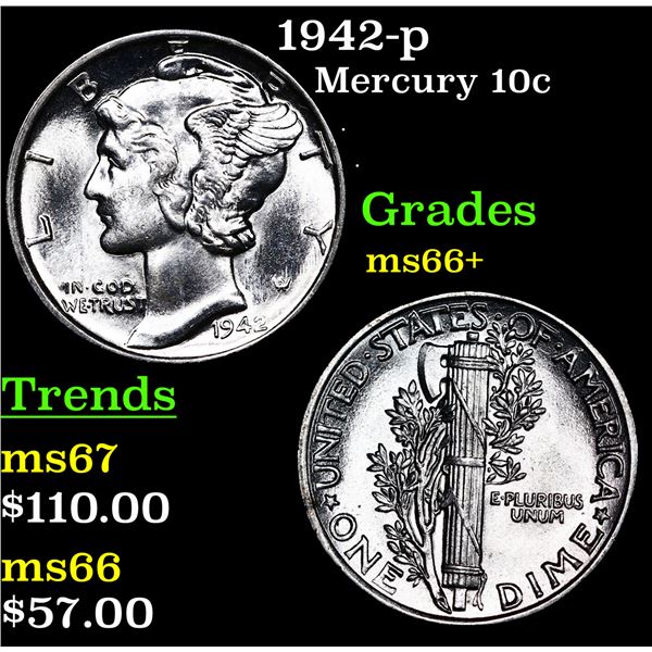 1942-p Mercury Dime 10c Grades GEM++ Unc