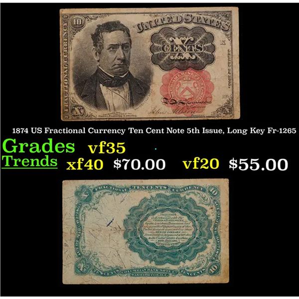 1874 US Fractional Currency Ten Cent Note 5th Issue, Long Key Fr-1265 Grades vf++