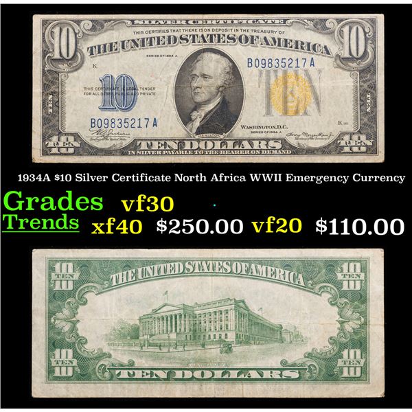 1934A $10 Silver Certificate North Africa WWII Emergency Currency Grades vf++