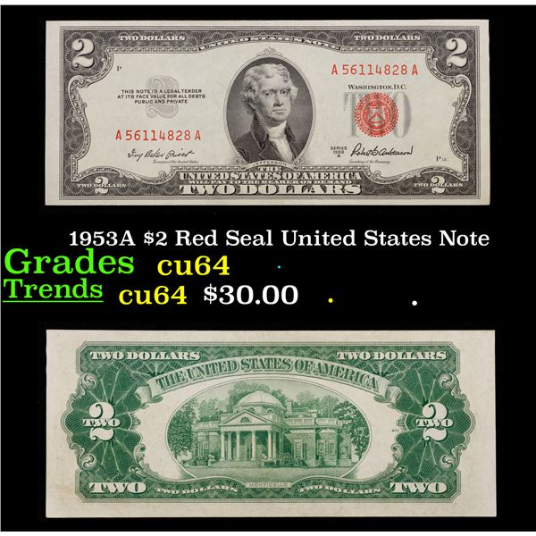 1953A $2 Red Seal United States Note Grades Choice CU