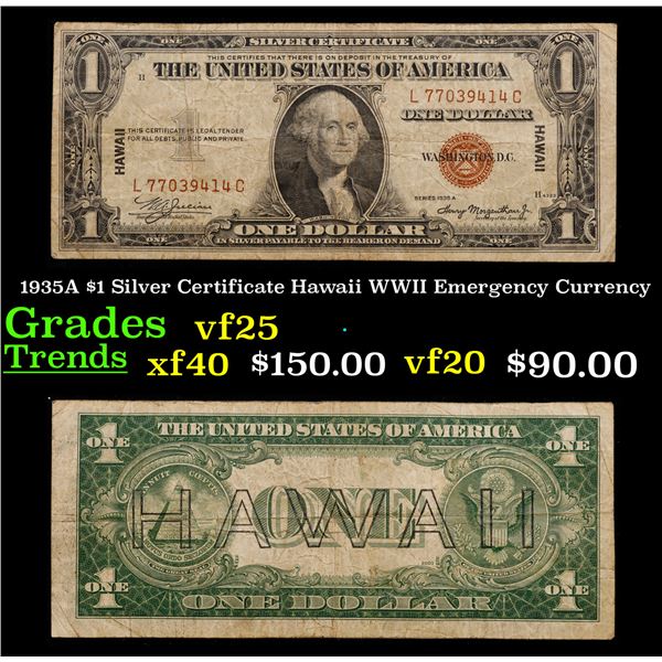 1935A $1 Silver Certificate Hawaii WWII Emergency Currency Grades vf+