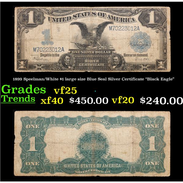 1899 "Black Eagle" $1 large size Blue Seal Silver Certificate Grades vf+ Signatures Speelman/White