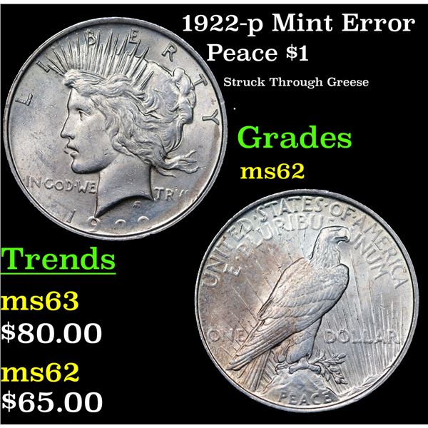 1922-p Peace Dollar Mint Error $1 Grades Select Unc