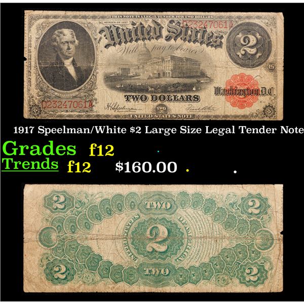 1917 $2 Large Size Legal Tender Note Thomas Jefferson Grades f, fine Signatures Speelman/White