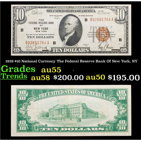 1929 $10 National Currency The Federal Reserve Bank Of New York, NY Grades Choice AU