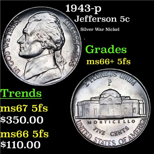 1943-p Jefferson Nickel 5c Grades GEM++ 5fs