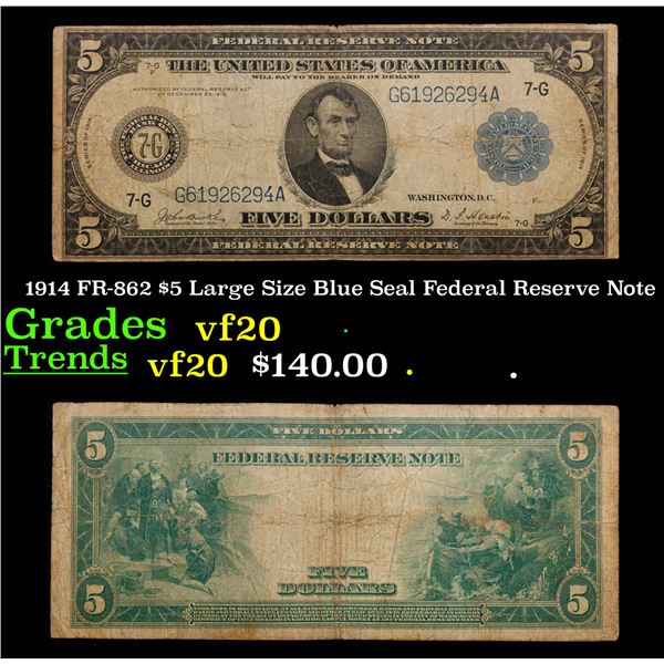 1914 $5 Large Size Blue Seal Federal Reserve Note Richmond, VA Grades vf, very fine FR-862