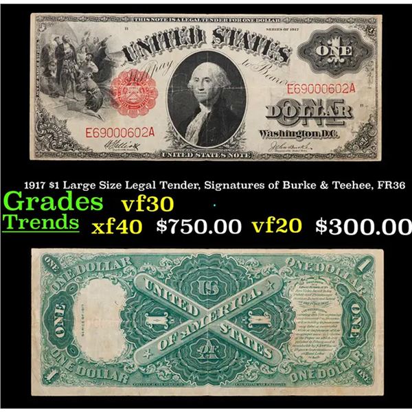 1917 $1 Large Size Legal Tender, Signatures of Burke & Teehee, FR36 Grades vf++