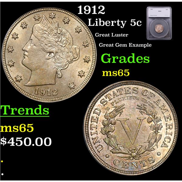 1912 Liberty Nickel 5c Graded ms65 By SEGS