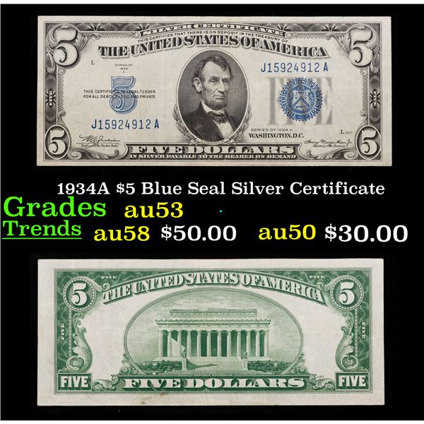 1934A $5 Blue Seal Silver Certificate Grades Select AU