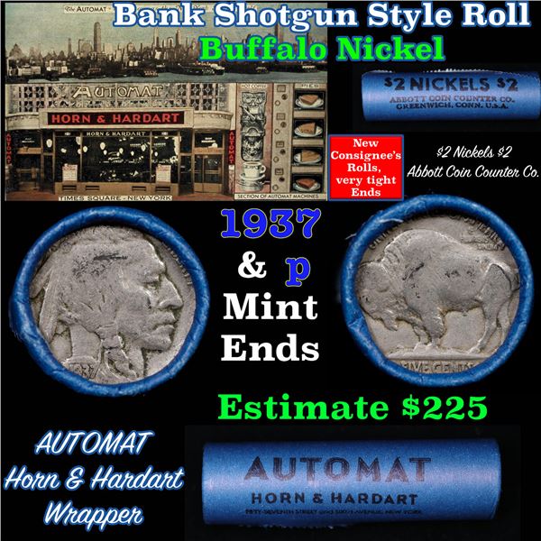 Buffalo Nickel Shotgun Roll in Old Bank Style '  Abbott Coin Counter' Wrapper 1924 & S Mint Ends