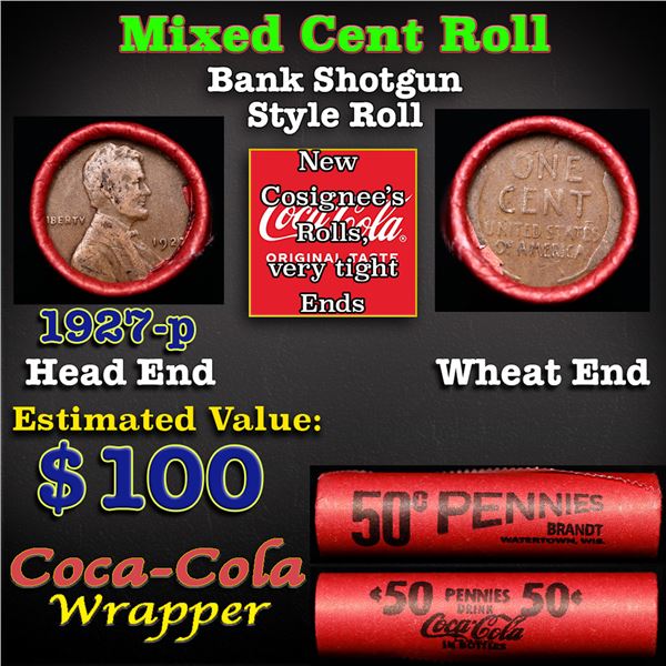 Mixed small cents 1c orig shotgun roll, 1927-p Lincoln Cent, Wheat Cent other end, Coca Cola Wrapper