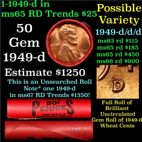 ***Auction Highlight*** Ultra Rare BU Shotgun Lincoln 1c roll, 1949-d 50 pcs Steel-Strong Wrapper 50