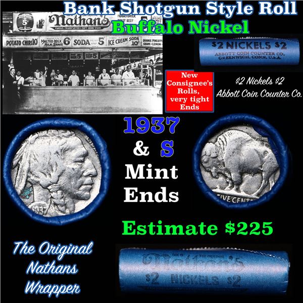 Buffalo Nickel Shotgun Roll in Old Bank Style 'Nathans' Wrapper 1937 & S Mint Ends