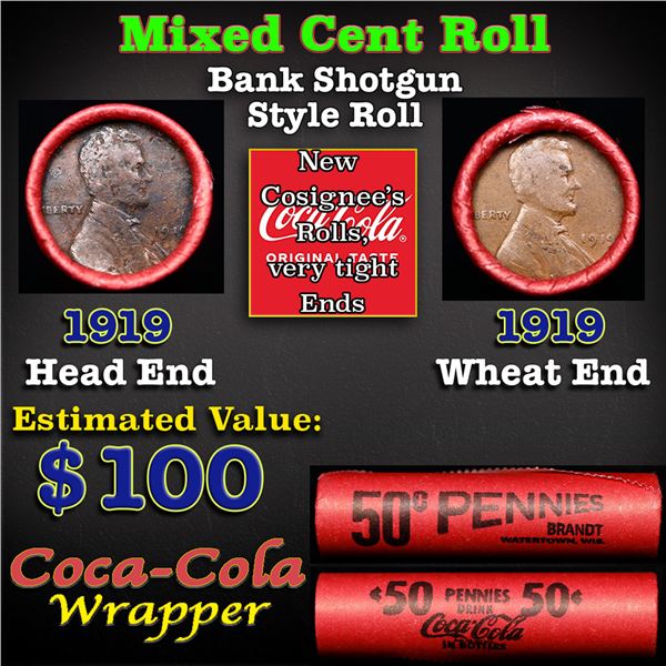 Mixed small cents 1c orig shotgun roll, 1919-p Lincoln Cent, 1919-p Wheat Cent other end, Coca Cola 