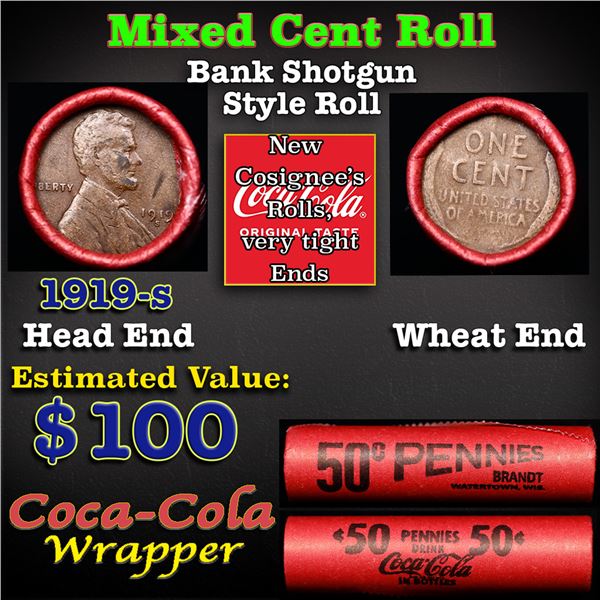 Mixed small cents 1c orig shotgun roll, 1919-s Lincoln Cent, Wheat Cent other end, Coca Cola Wrapper