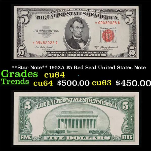 **Star Note** 1953A $5 Red Seal United States Note Grades Choice CU