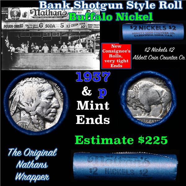 Buffalo Nickel Shotgun Roll in Old Bank Style 'Nathans' Wrapper 1937 & p Mint Ends