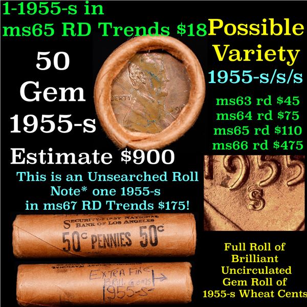 BU Shotgun Lincoln 1c roll, 1955-s 50 pcs Original Security First National Bank Of LA 50 Pennies Wra