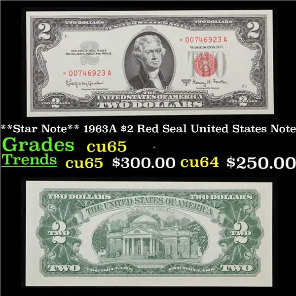 **Star Note** 1963 $2 Red Seal United States Note Grades Gem CU