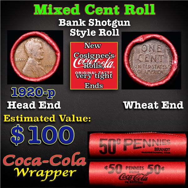 Mixed small cents 1c orig shotgun roll, 1920-p Lincoln Cent, Wheat Cent other end, Coca Cola Wrapper