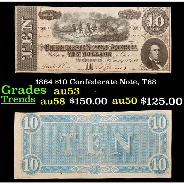 1864 $10 Confederate Note, T68 Grades Select AU