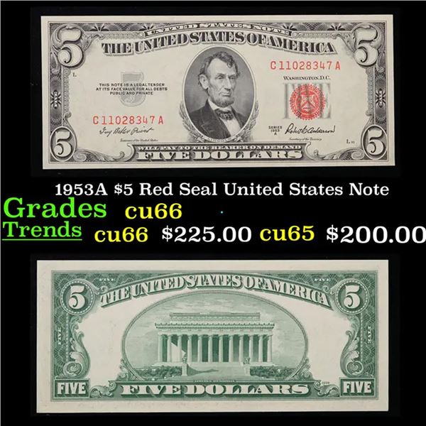 1953A $5 Red Seal United States Note Grades Gem+ CU