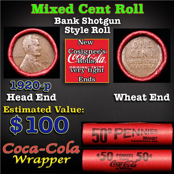 Mixed small cents 1c orig shotgun roll, 1920-p Lincoln Cent, Wheat Cent other end, Coca Cola Wrapper