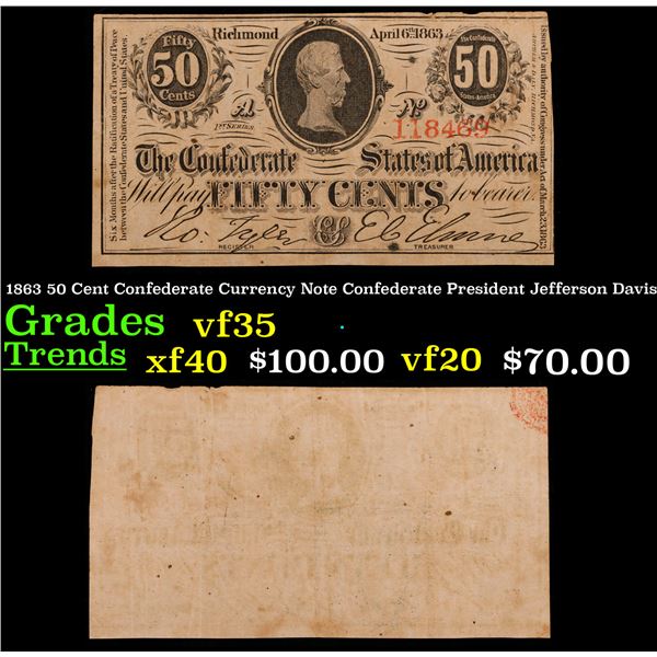 1863 50 Cent Confederate Currency Note Confederate President Jefferson Davis Grades vf++