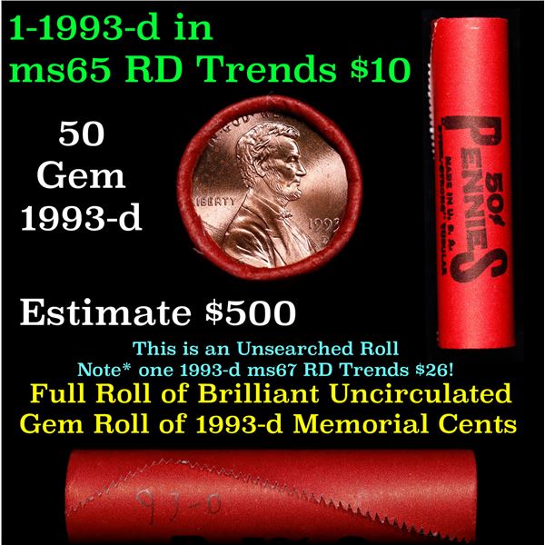 BU Shotgun Lincoln 1c roll, 1993-d 50 pcs Steel-Strong Wrapper 50c