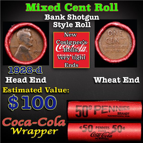 Mixed small cents 1c orig shotgun roll, 1928-d Lincoln Cent, Wheat Cent other end, Coca Cola Wrapper