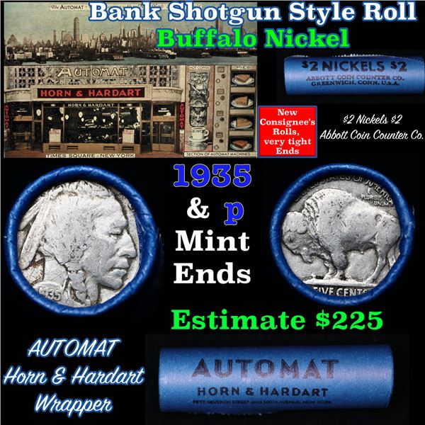 Buffalo Nickel Shotgun Roll in Old Bank Style ' Abbott Coin Counter' Wrapper 1935 & p Mint Ends