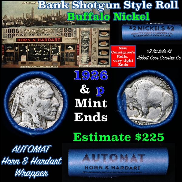 Buffalo Nickel Shotgun Roll in Old Bank Style ' Abbott Coin Counter' Wrapper 1926 & p Mint Ends