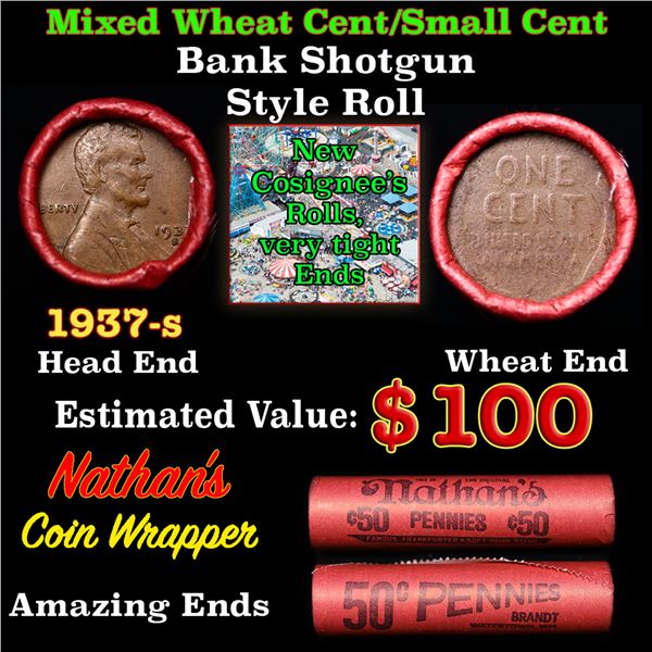 Mixed small cents 1c orig shotgun roll, 1937-s Lincoln Cent, Wheat Cent other end, Coca Cola Wrapper