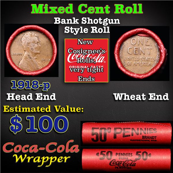 Mixed small cents 1c orig shotgun roll, 1918-p Lincoln Cent, Wheat Cent other end, Coca Cola Wrapper