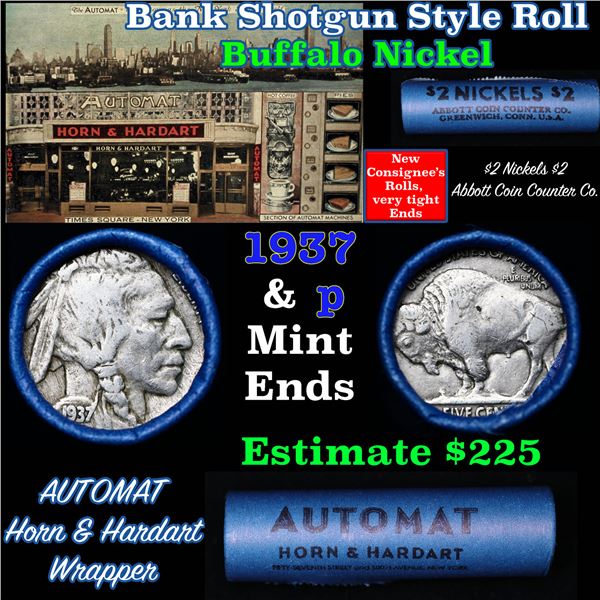 Buffalo Nickel Shotgun Roll in Old Bank Style ' Abbott Coin Counter' Wrapper 1937 & p Mint Ends